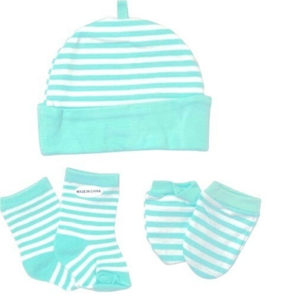 New Oeka-Tex 3-piece Baby Infant Hat, Mittens & Socks Green Stripe 0-3‎ months